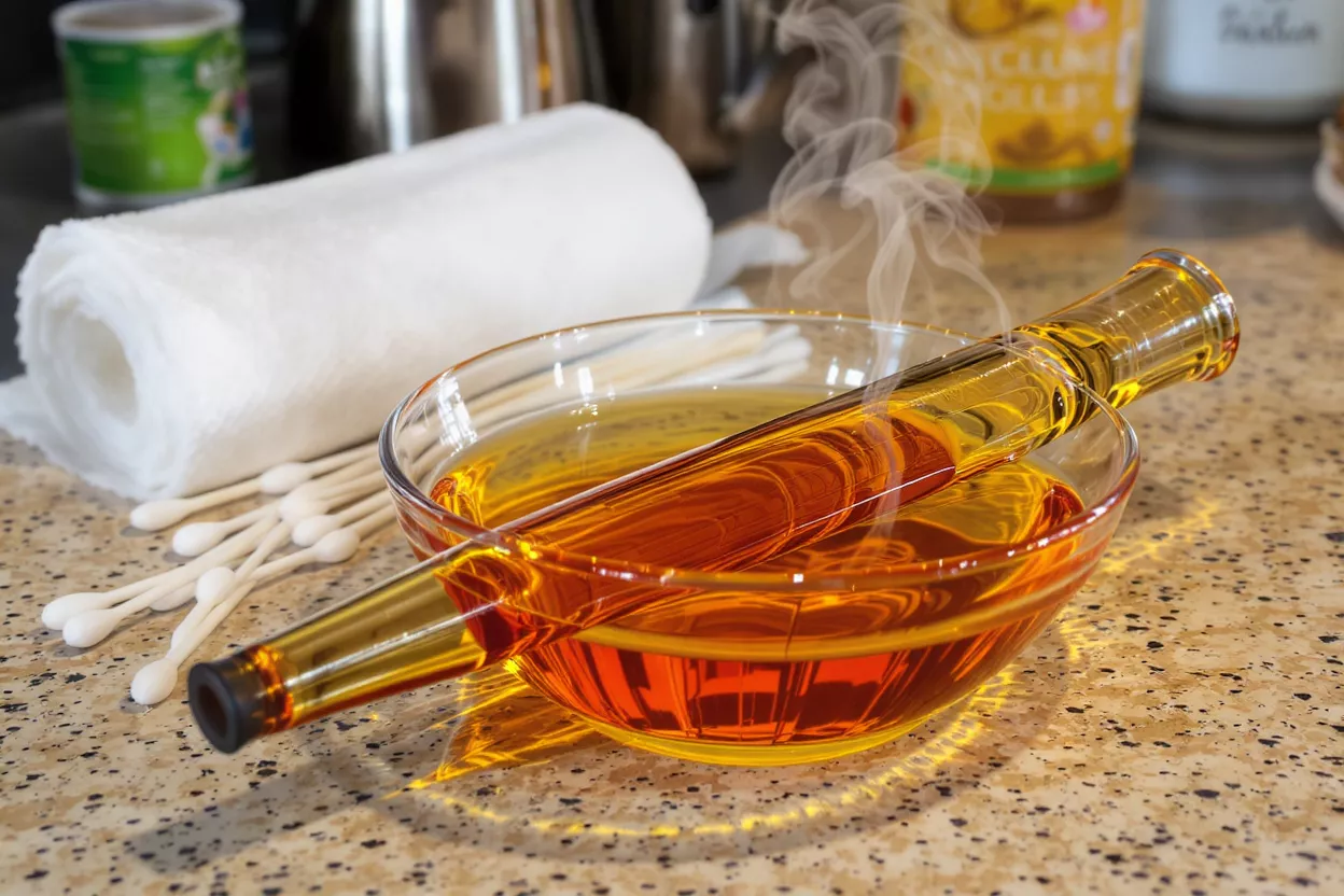 An amber glass pipe stem soaking in a bowl of steaming cleaning solution.