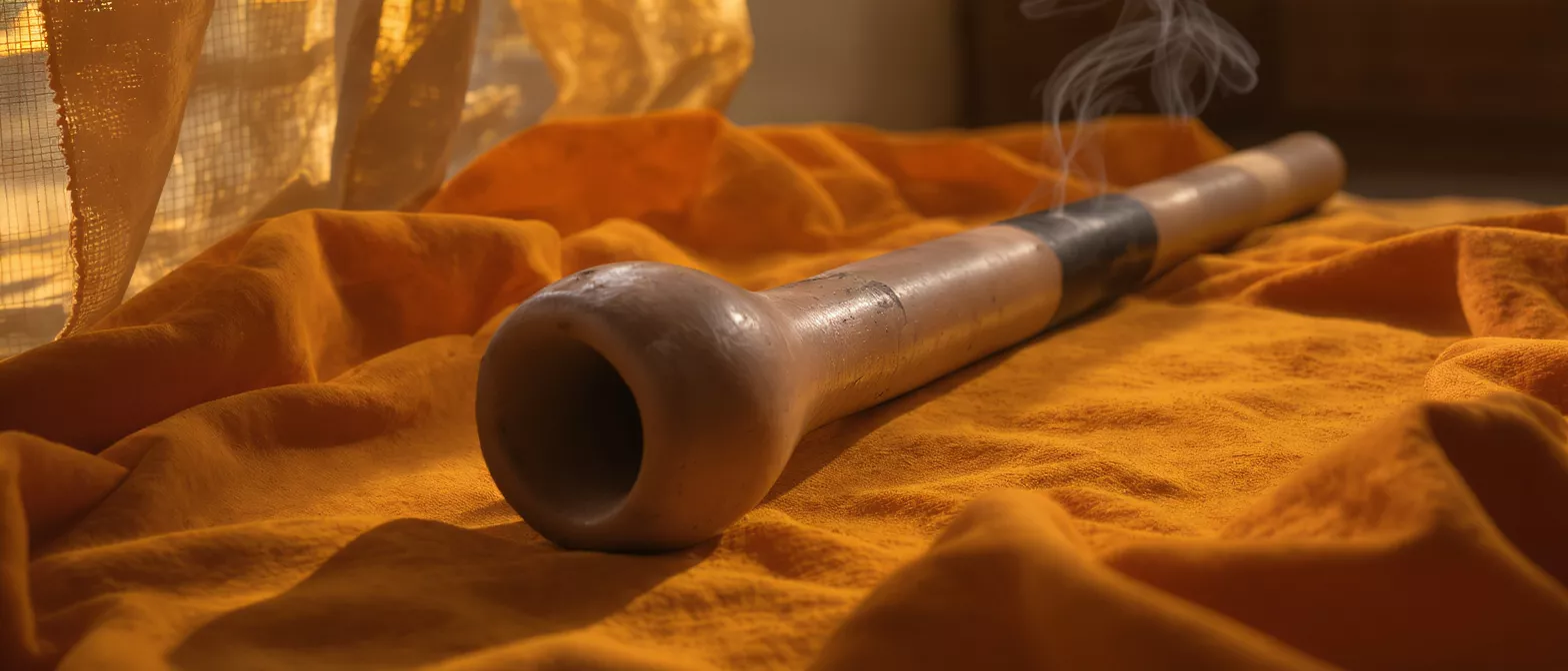 A smoking pipe with smoke rising, resting on vibrant orange fabric.