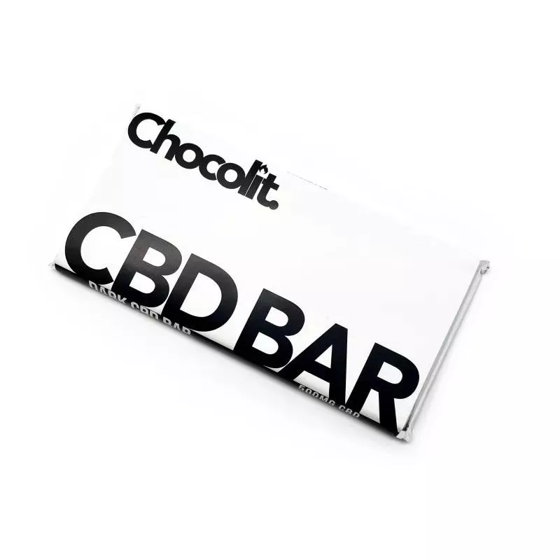 Chocolit CBD Milk Chocolate Bar with Clear, Minimalist Packaging on White Background.