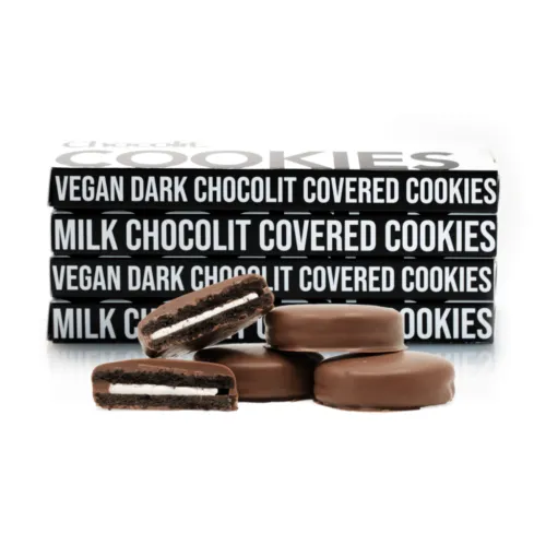 Assorted vegan and milk chocolate-covered cookies with creamy filling.