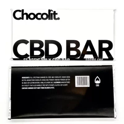 Chocolit 500mg CBD Milk Chocolate Bar with ingredient list and safety warnings.