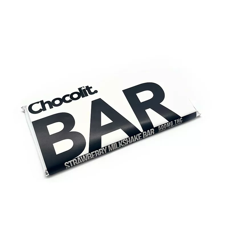Chocolit 500MG THC Strawberry Milkshake Bar with sleek black and white packaging.
