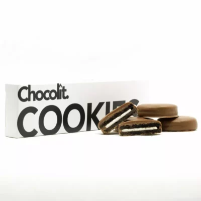 Chocolit Vegan THC Chocolate Cream Cookies display with glossy coating and creamy filling.