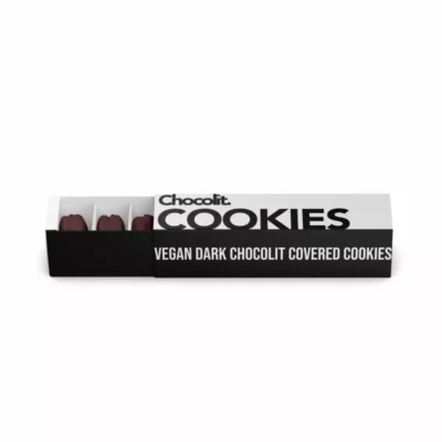 Chocolit Vegan Dark Chocolate Cookies in minimalist black and white packaging.