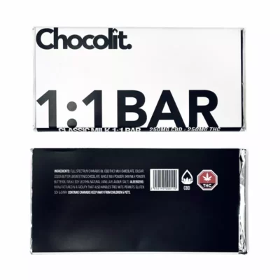 Chocolit 250mg CBD THC Milk Chocolate Bar Packaging with Ingredients and Allergen Info