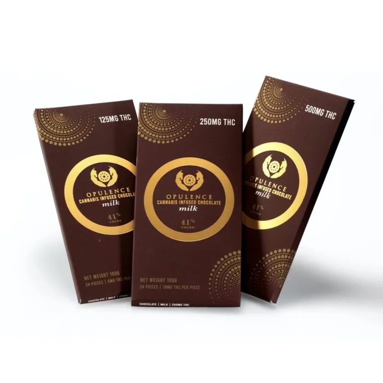 Opulence Cannabis Milk Chocolate Bars with THC in 125mg, 250mg, 500mg options.