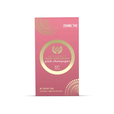 Opulence 250mg THC Pink Champagne Cannabis Chocolate with 33% Cacao.