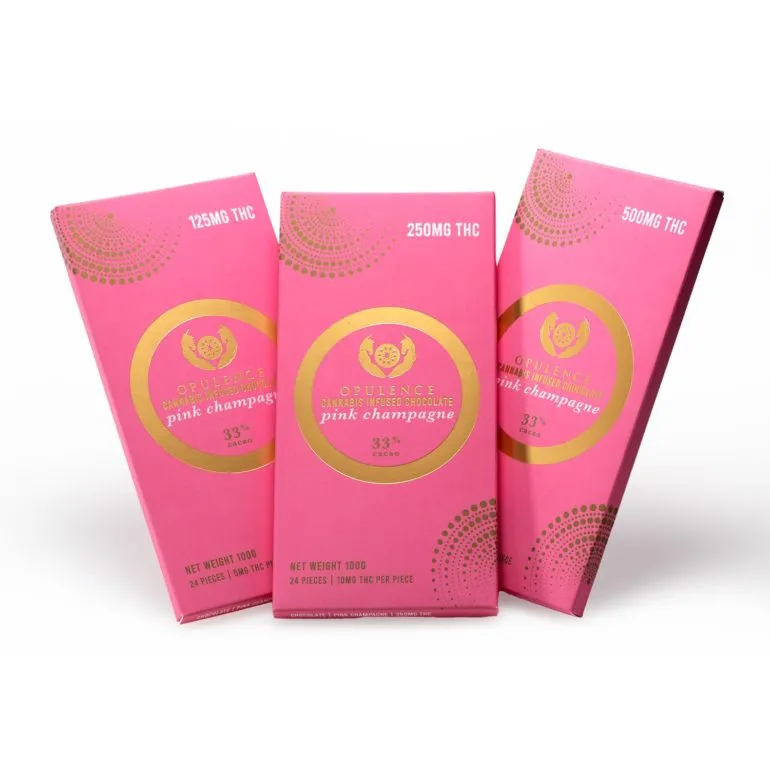 Luxurious Opulence Pink Champagne Chocolates with THC, 125mg to 500mg potency, 100g boxes.