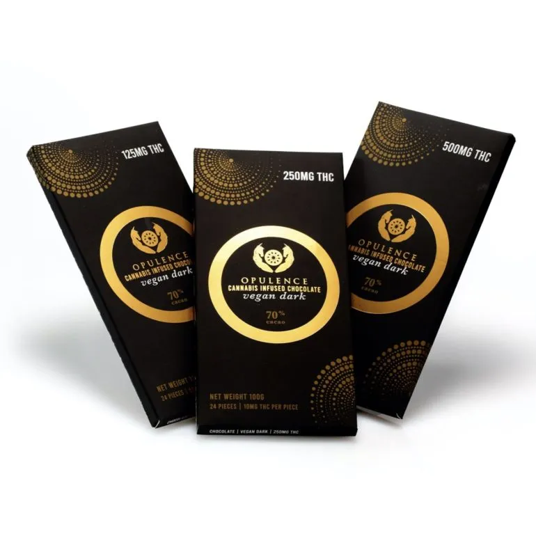 Opulence Vegan Dark Chocolate with THC, Luxury 70% Cocoa Infused Treats.