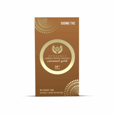 Opulence Cannabis-Infused 500mg THC Caramel Gold Chocolate, 30% Cacao, 24 Pieces.