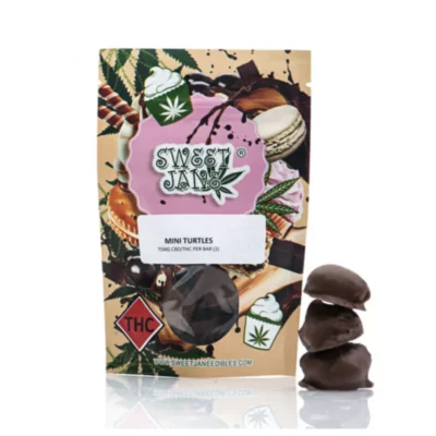 Sweet Jane Chocolate Mini Turtles with CBD and THC content warning.
