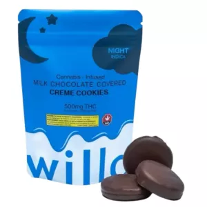Cannabis-infused chocolate cookies packaging with 500mg THC and willo branding displayed.