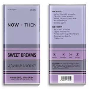 NOW + THEN Sweet Dreams Vegan Dark Chocolate 100g, 1000mg cannabinoids, CBD, CBN benefits.