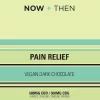 Pain relief vegan dark chocolate with CBD and CBG dosage information.