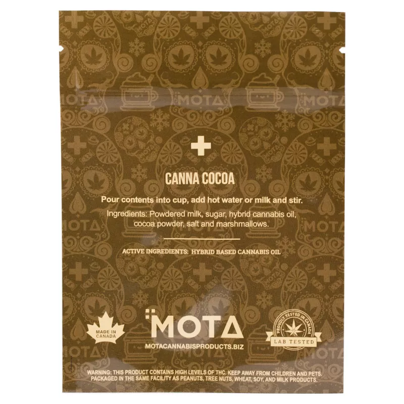 MOTAs Canadian Cannabis Hot Chocolate Mix with THC and Allergen Warning Label.