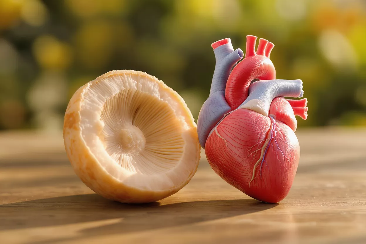 A detailed anatomical heart model next to a mushroom cap showing its gills.