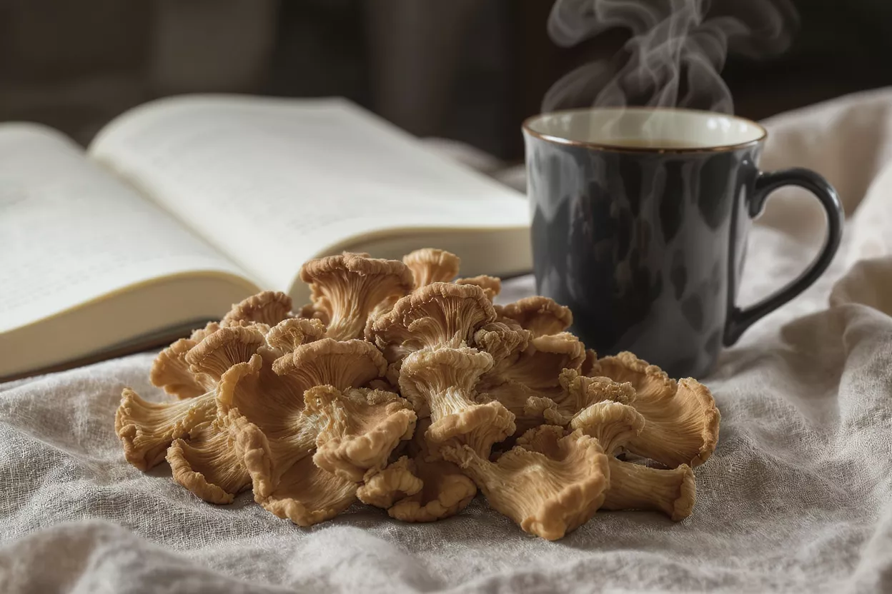 A pile of dried chanterelle mushrooms next to a steaming mug and an open book.