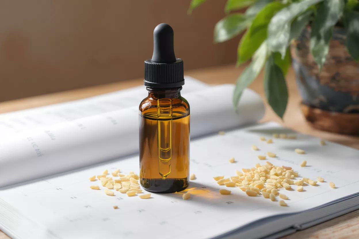 An amber glass dropper bottle of oil sits on a book with beeswax pellets.