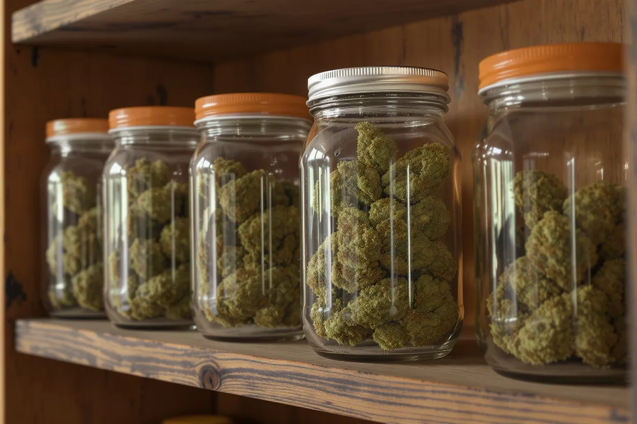 Glass jars filled with cannabis buds on a wooden shelf