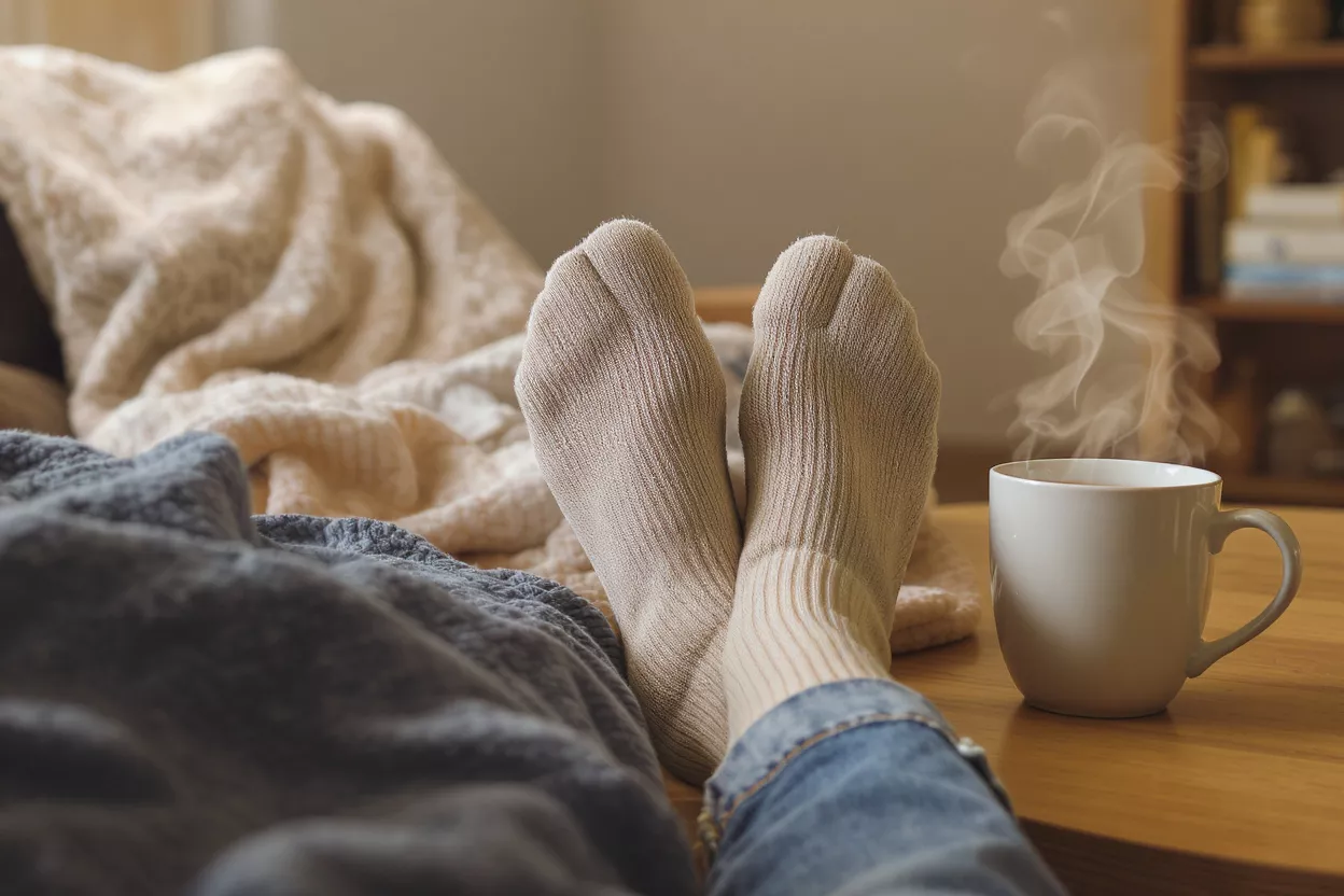Feet in cozy socks next to a steaming cup of coffee