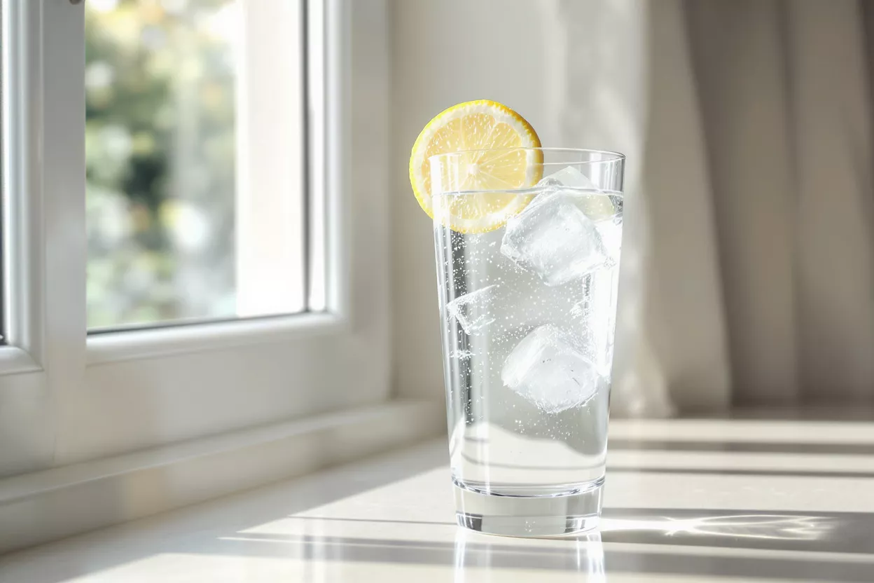 A glass of lemonade with ice and lemon slice
