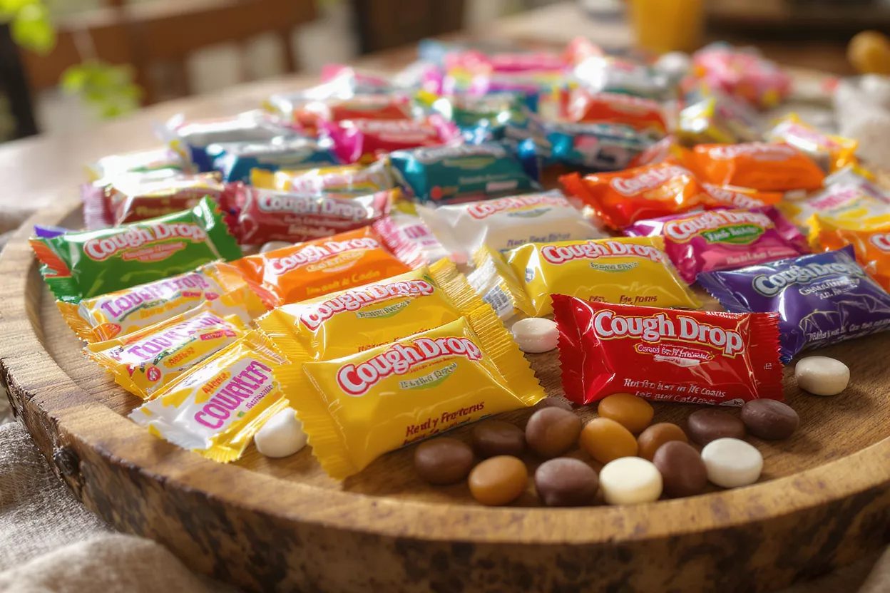 A variety of colorful cough drop packages arranged on a wooden tray