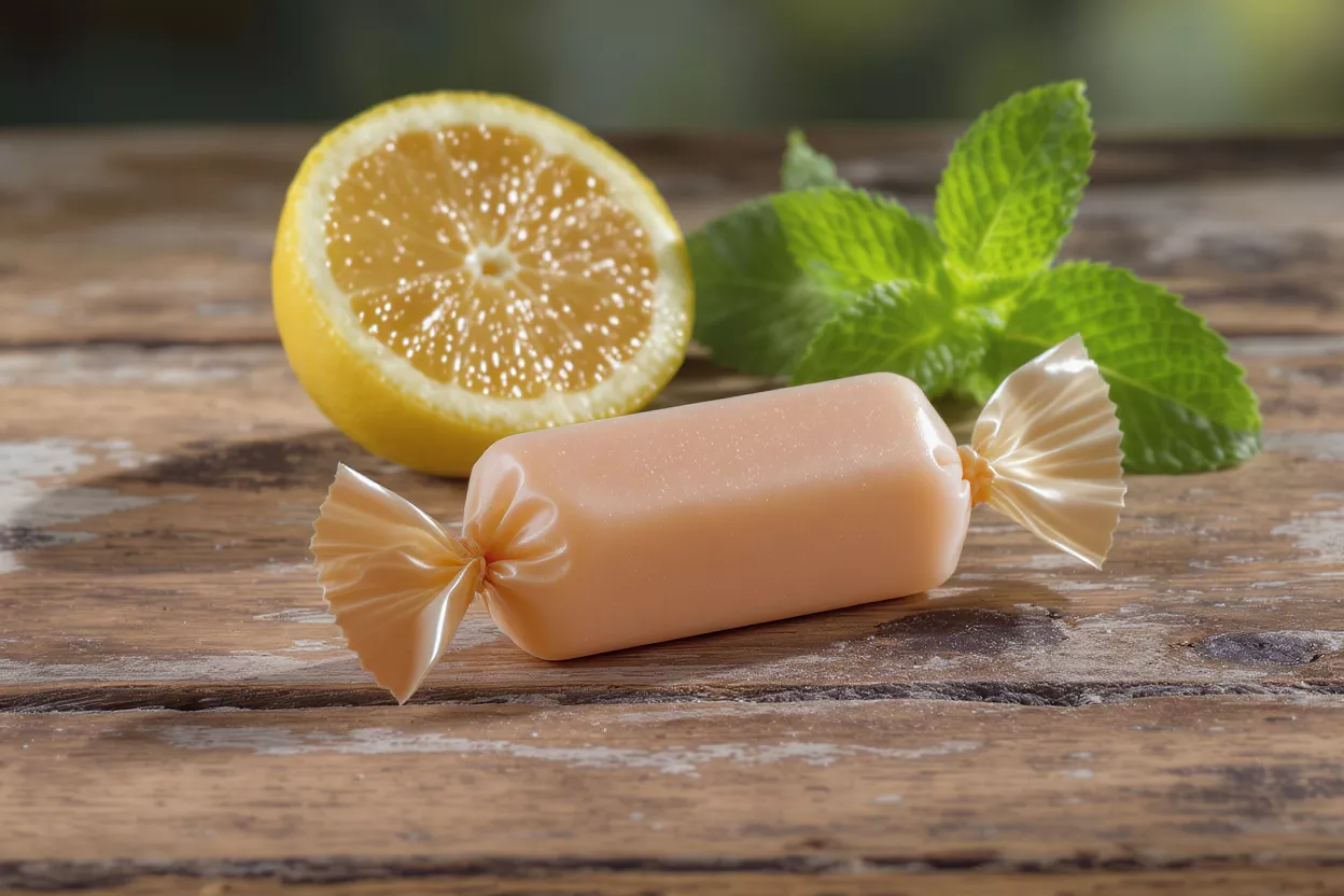 A piece of lemon mint candy with lemon and mint leaves