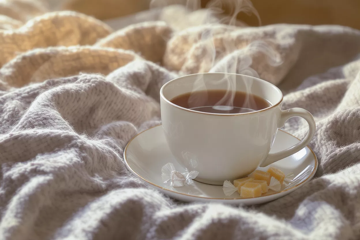 A steaming cup of tea on a cozy blanket