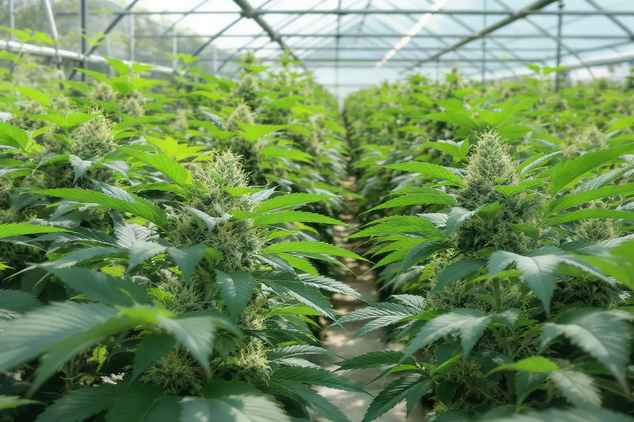 Rows of lush green cannabis plants with visible buds growing in a greenhouse.