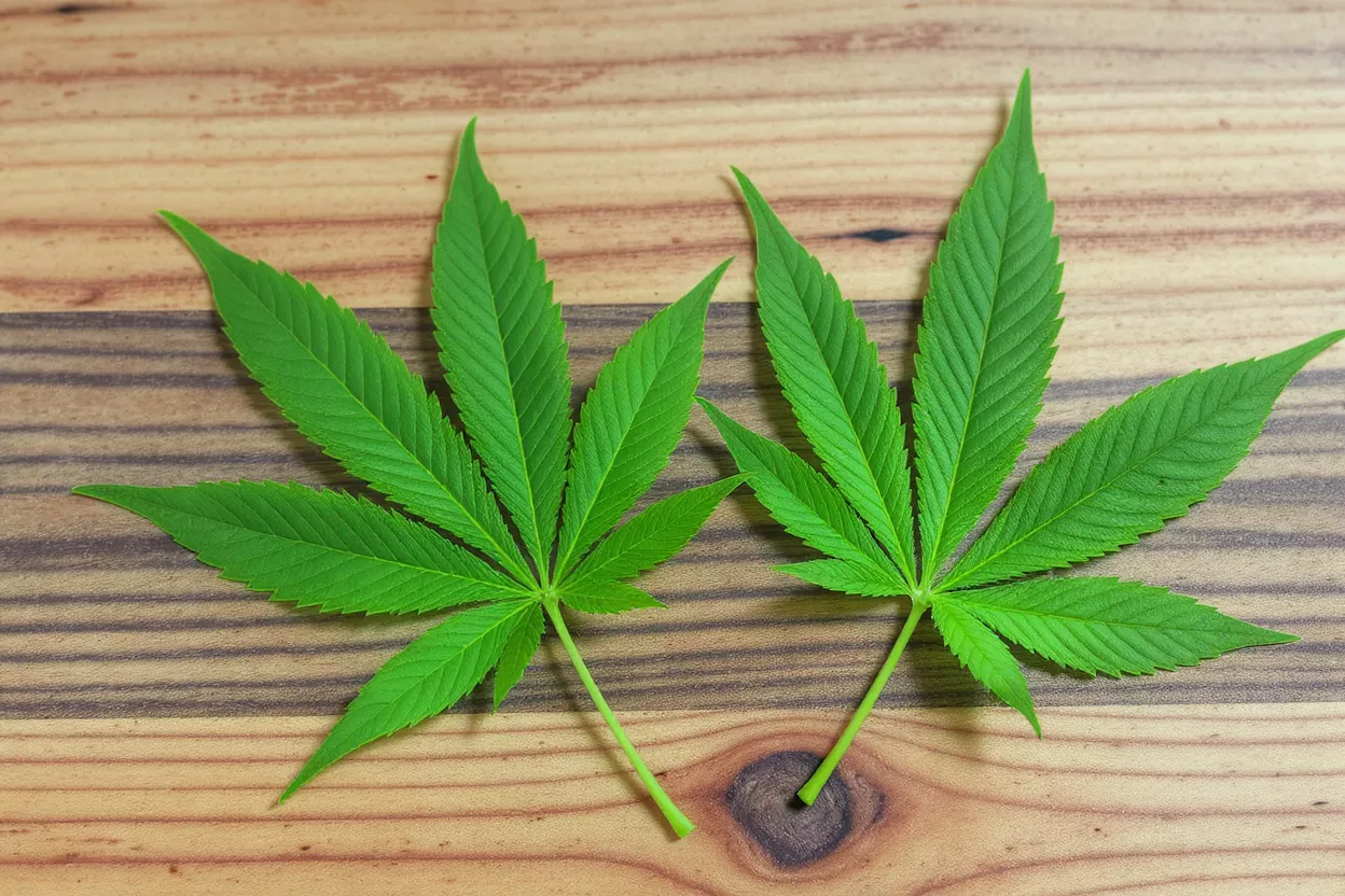 Two vibrant green cannabis leaves with serrated edges on a light wooden background.