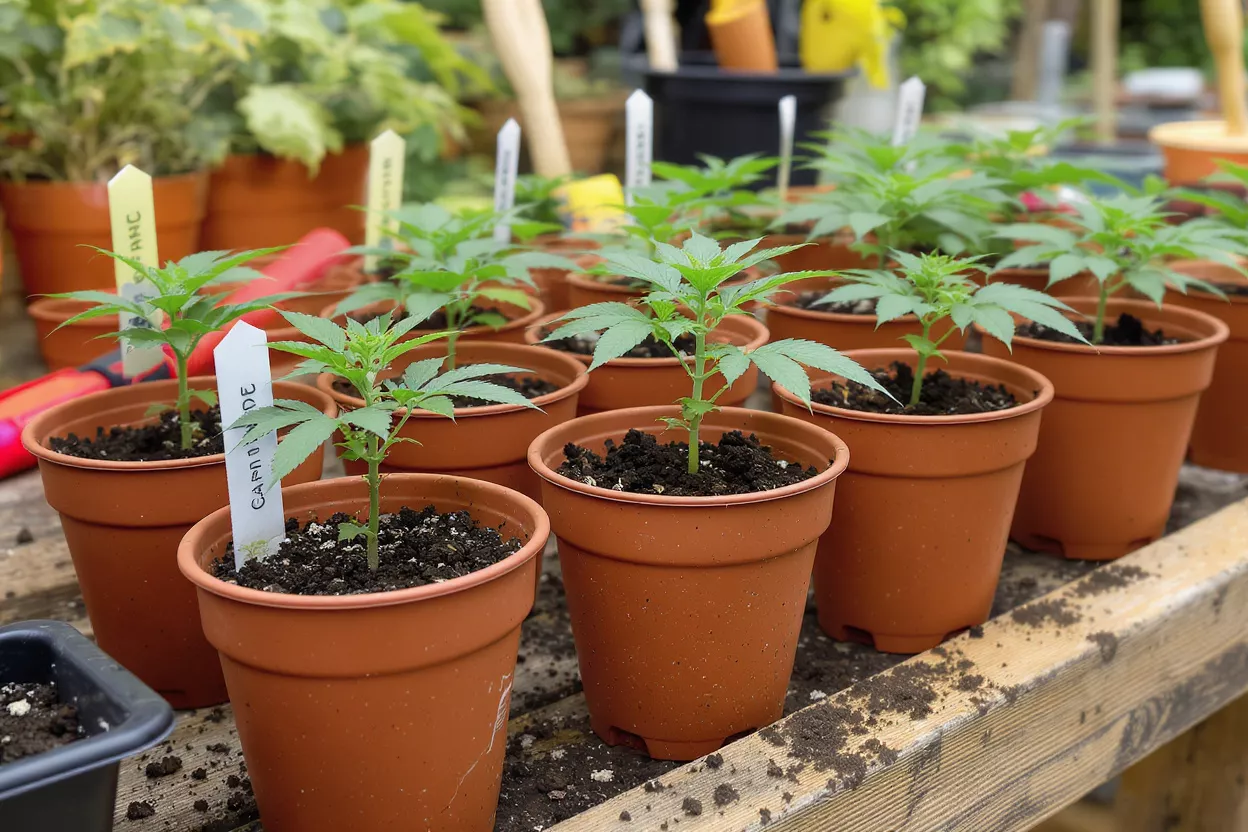Small cannabis plants in brown pots on a wooden table, with plant markers.