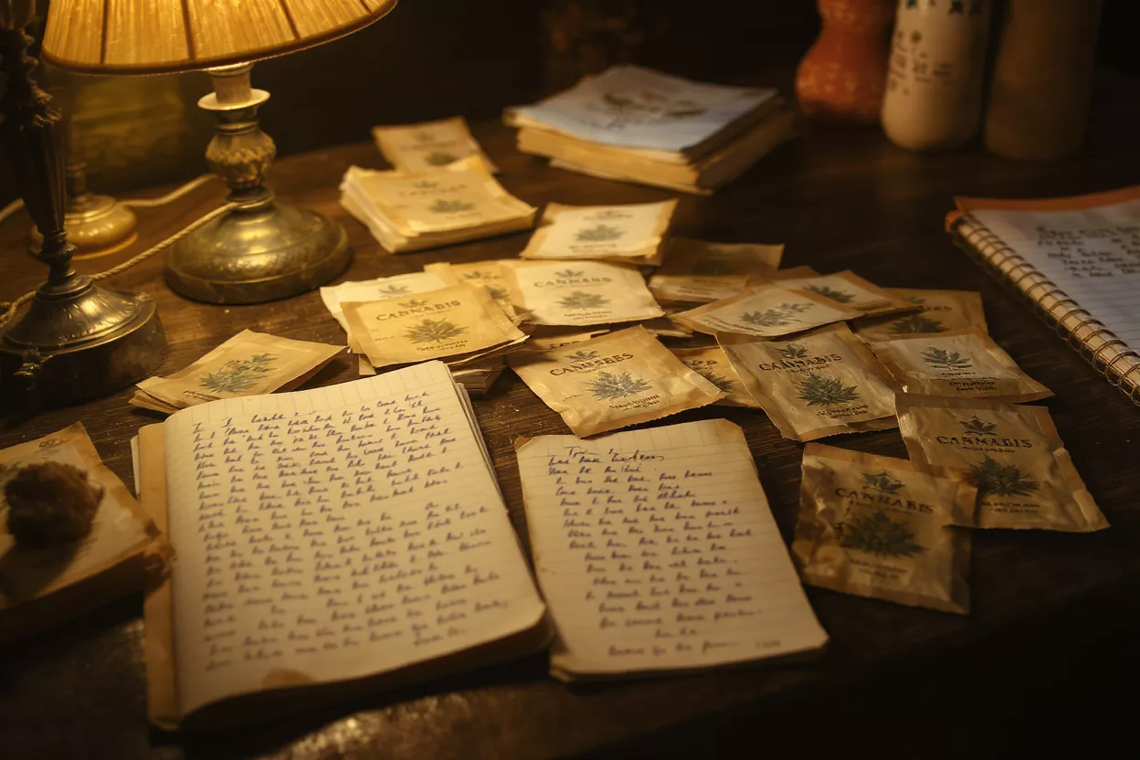 Desk with cannabis seed packets, handwritten notebooks, and a vintage lamp.