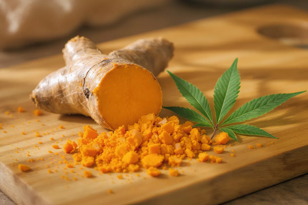Turmeric and Cannabis Leaf A turmeric root, cut open, with turmeric powder and a cannabis leaf on a wooden board.