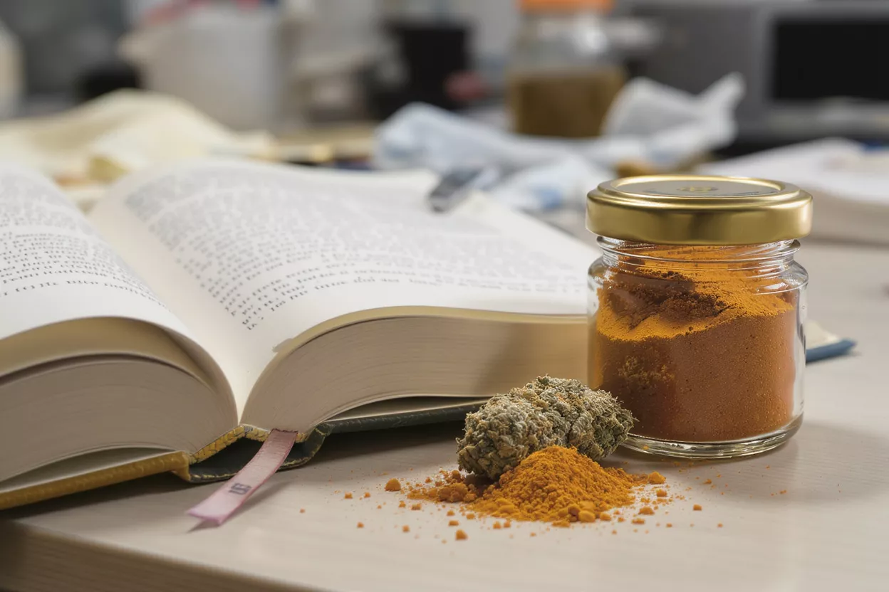 Turmeric, Cannabis, and a Book Open book, jar of turmeric, turmeric powder, and cannabis bud on a table.