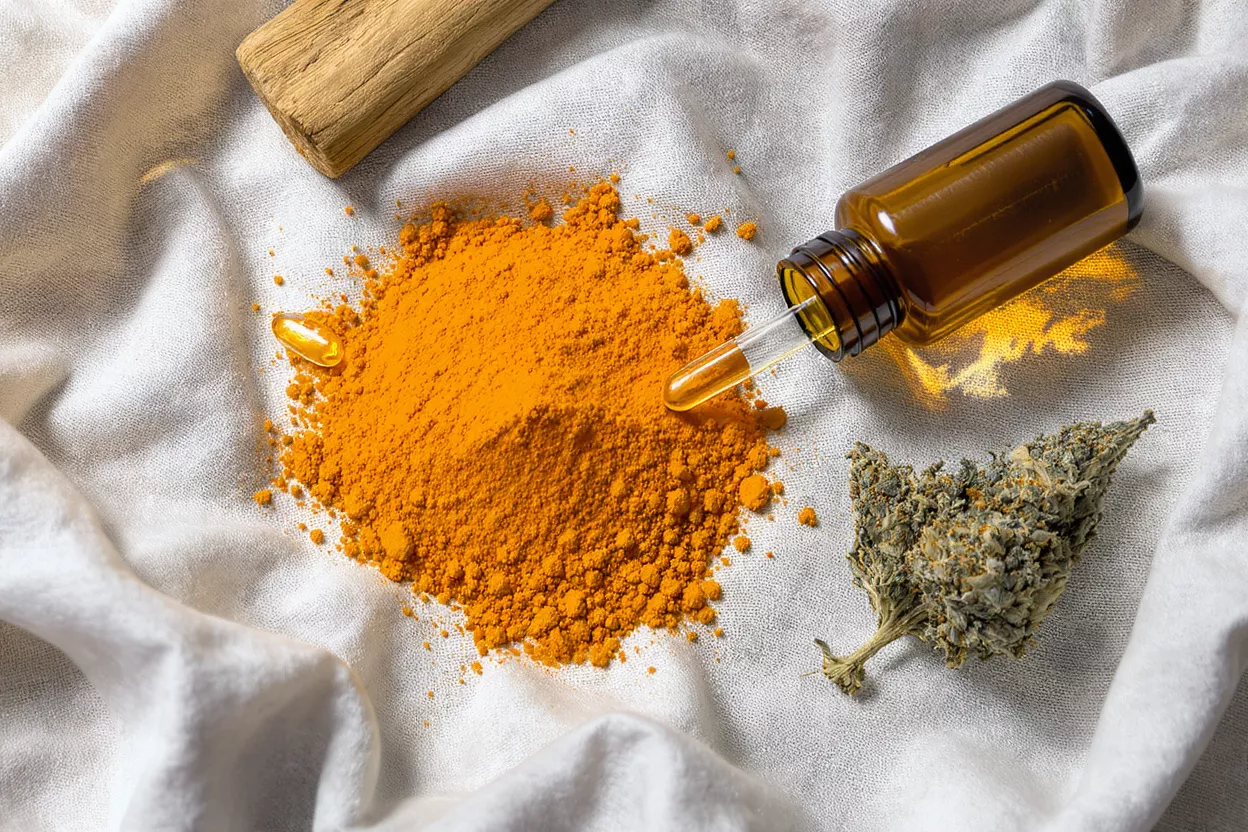 Natural Remedies: Turmeric, CBD, and Cannabis Turmeric powder, CBD oil dropper bottle, and cannabis bud on white fabric.