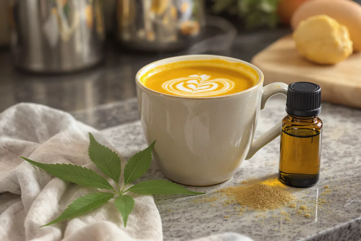 Golden Turmeric Latte with CBD Oil Golden turmeric latte with latte art, CBD oil, cannabis leaf, and turmeric powder.