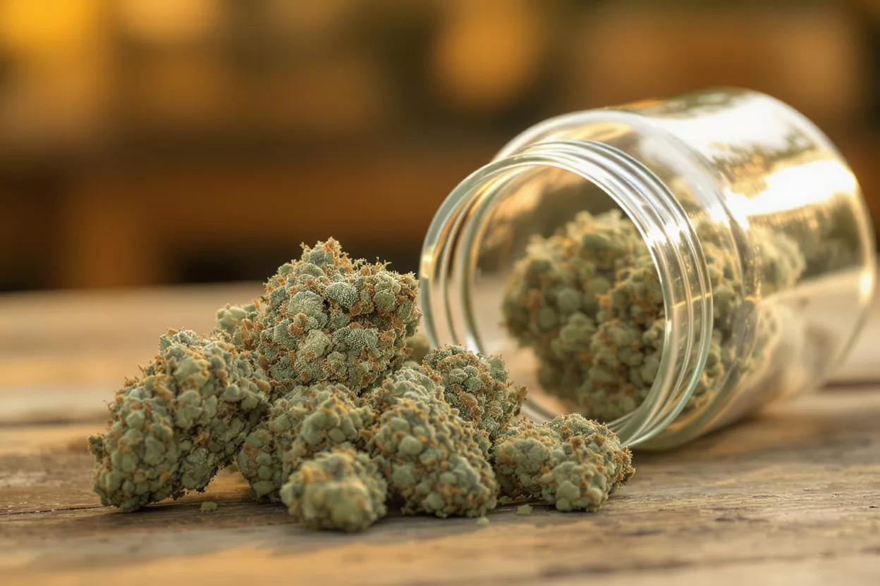 Close-up of cannabis buds spilled from a glass jar onto a wooden table.