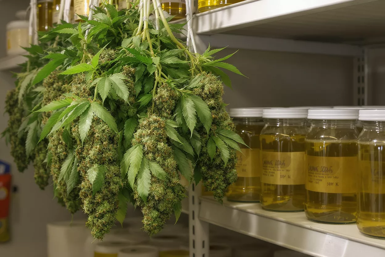 Bundles of fresh cannabis buds drying next to jars of golden oil on shelves.