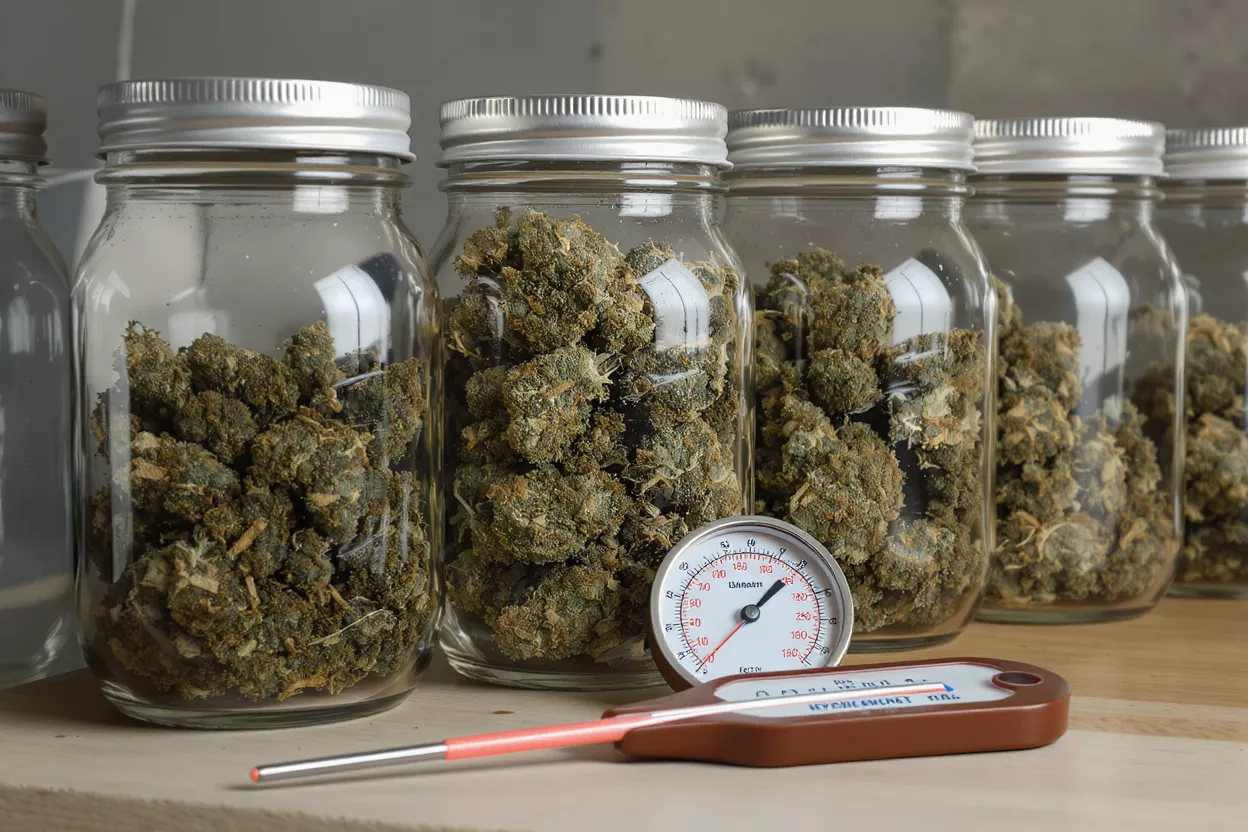 Several glass jars filled with cannabis buds, with two thermometers in the foreground.