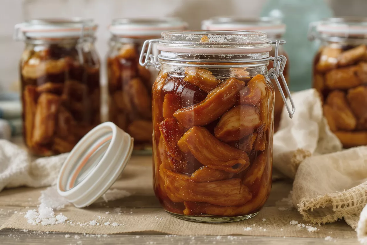 Glass jar filled with golden-brown pear slices preserved in syrup, with other jars in background.