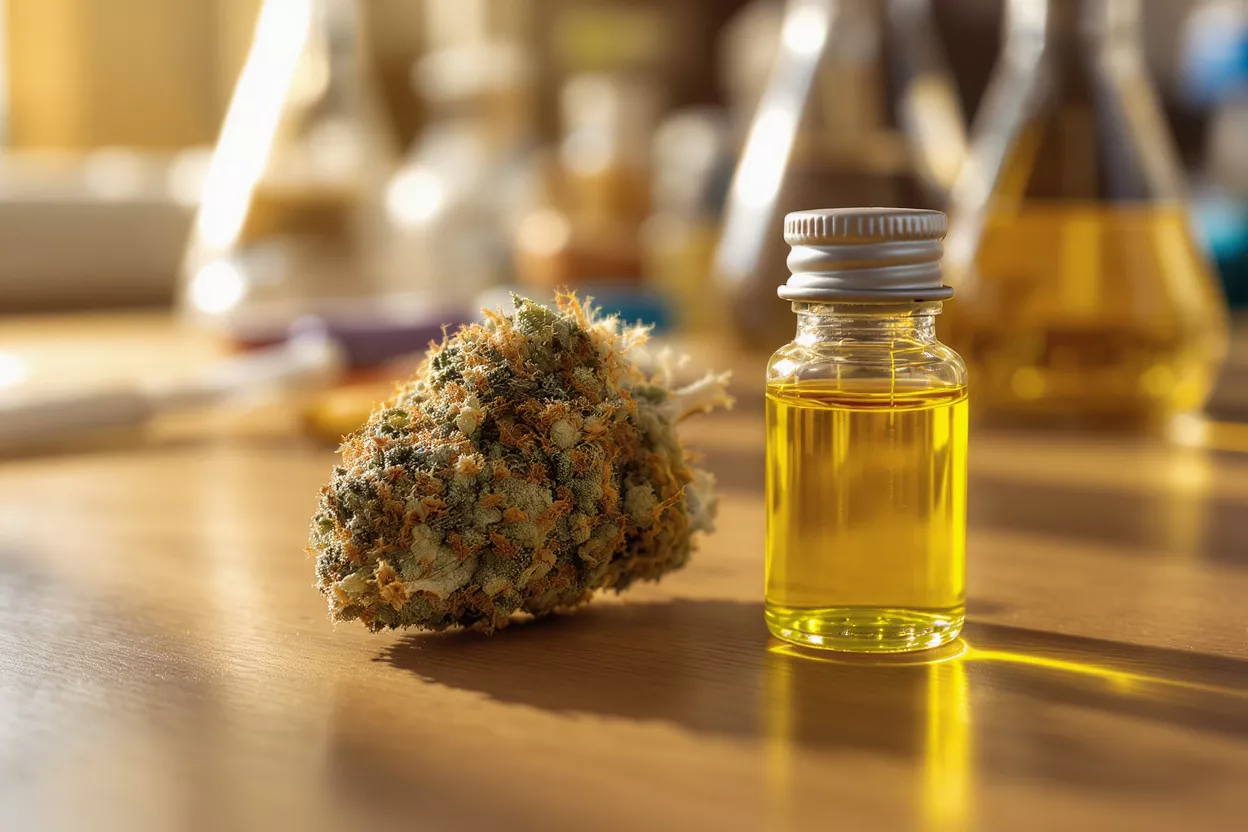A cannabis bud next to a small vial of golden oil on a wooden surface.