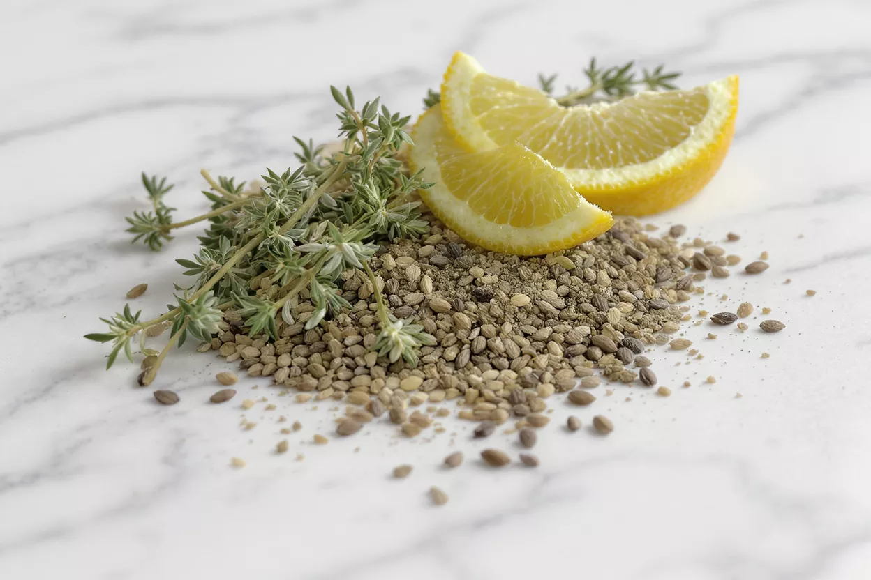 Close-up of thyme sprigs, lemon slices, and a spice mix on marble.
