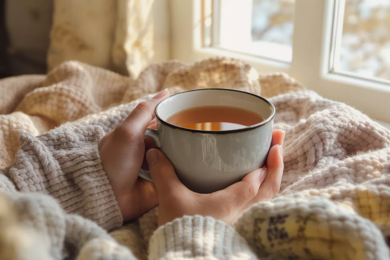 Hands holding a warm cup of tea by a window, surrounded by blankets.