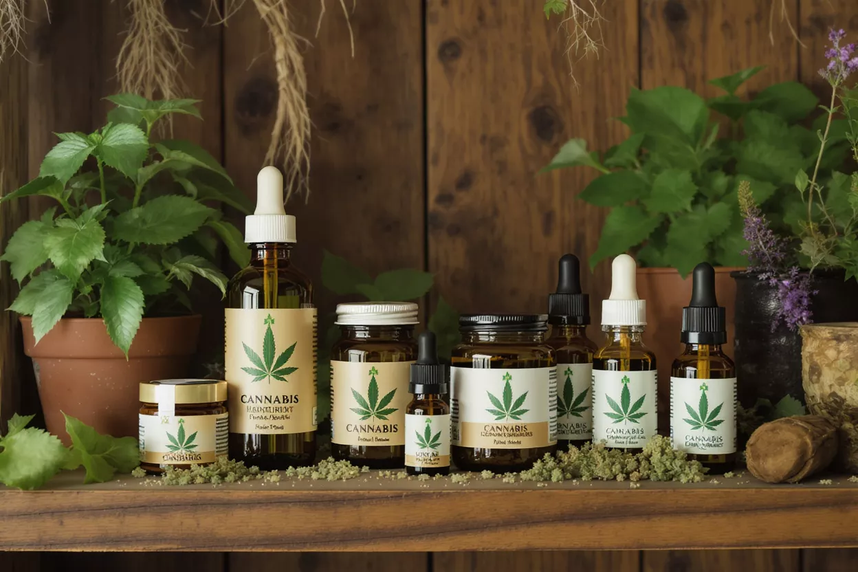 Various cannabis CBD products on a wooden shelf with plants in the background.