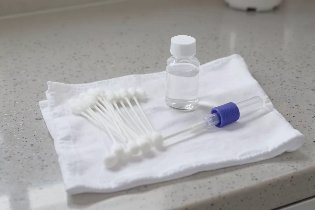 Cotton swabs, a bottle of liquid, and a pipette
