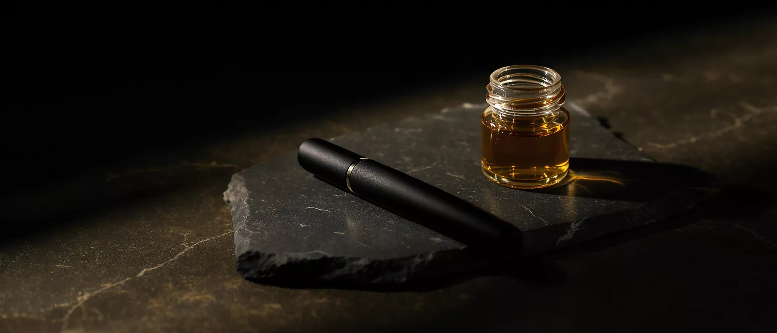 A sleek black pen and a small jar of oil on a slate surface
