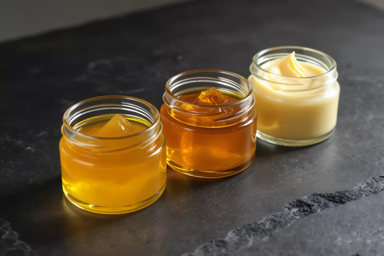 Three jars of different natural skincare products