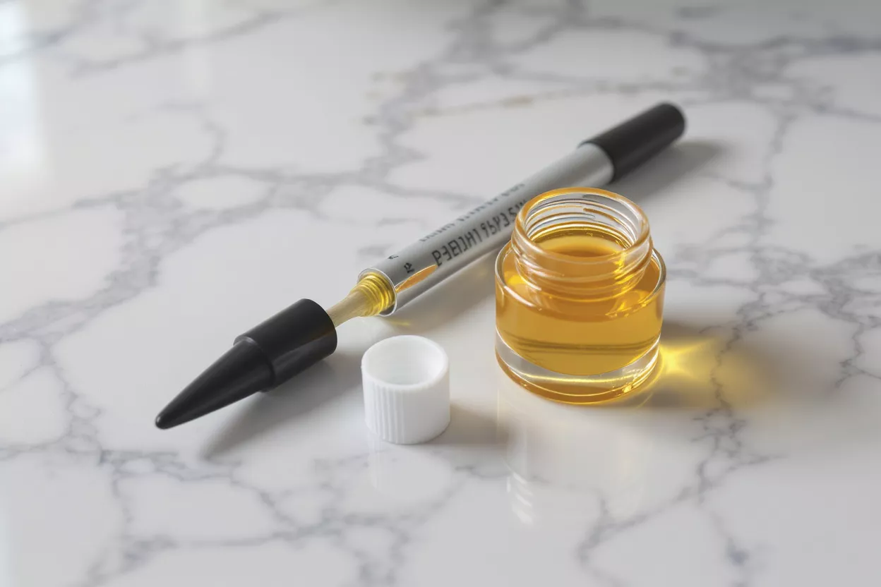 A black oil pen and a small glass jar on marble