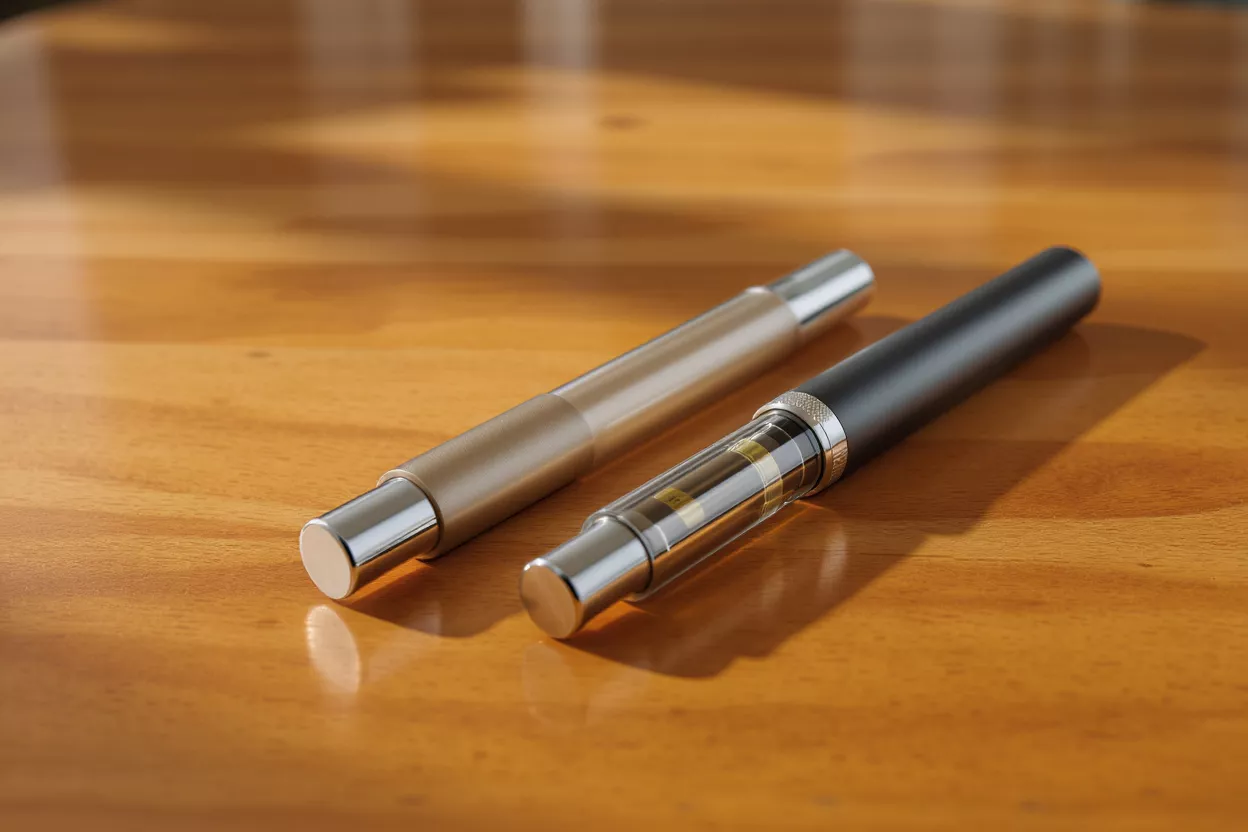 Two vape pens resting on a wooden surface