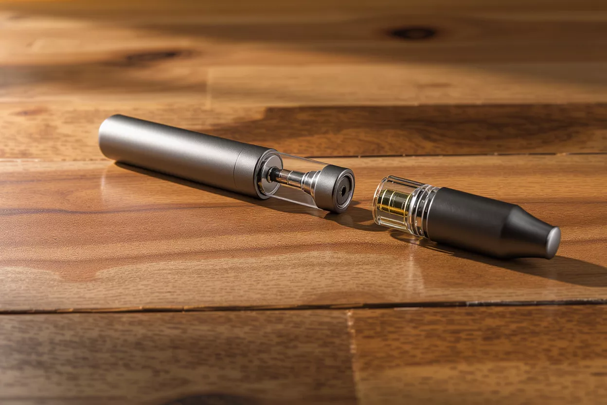 A vape pen and cartridge on a wooden surface